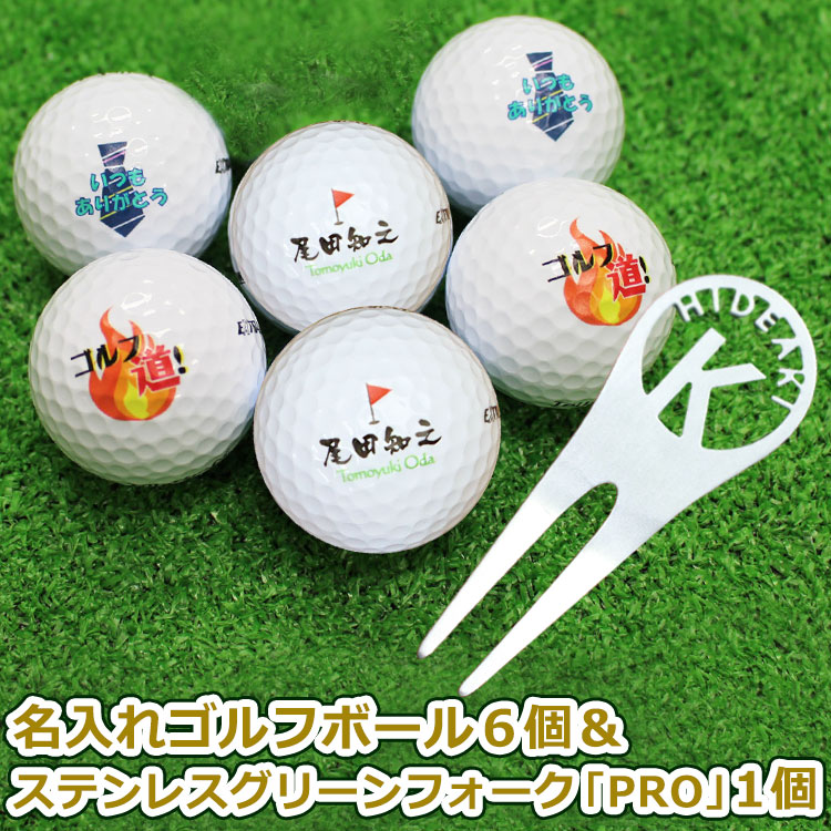 名入れゴルフボール 6個 ＆ ステンレス切り文字グリーンフォーク「PRO」